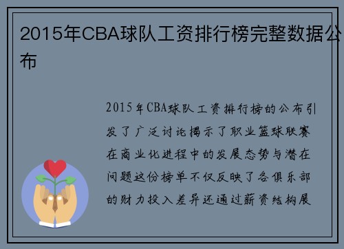 2015年CBA球队工资排行榜完整数据公布