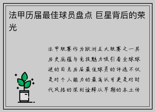 法甲历届最佳球员盘点 巨星背后的荣光